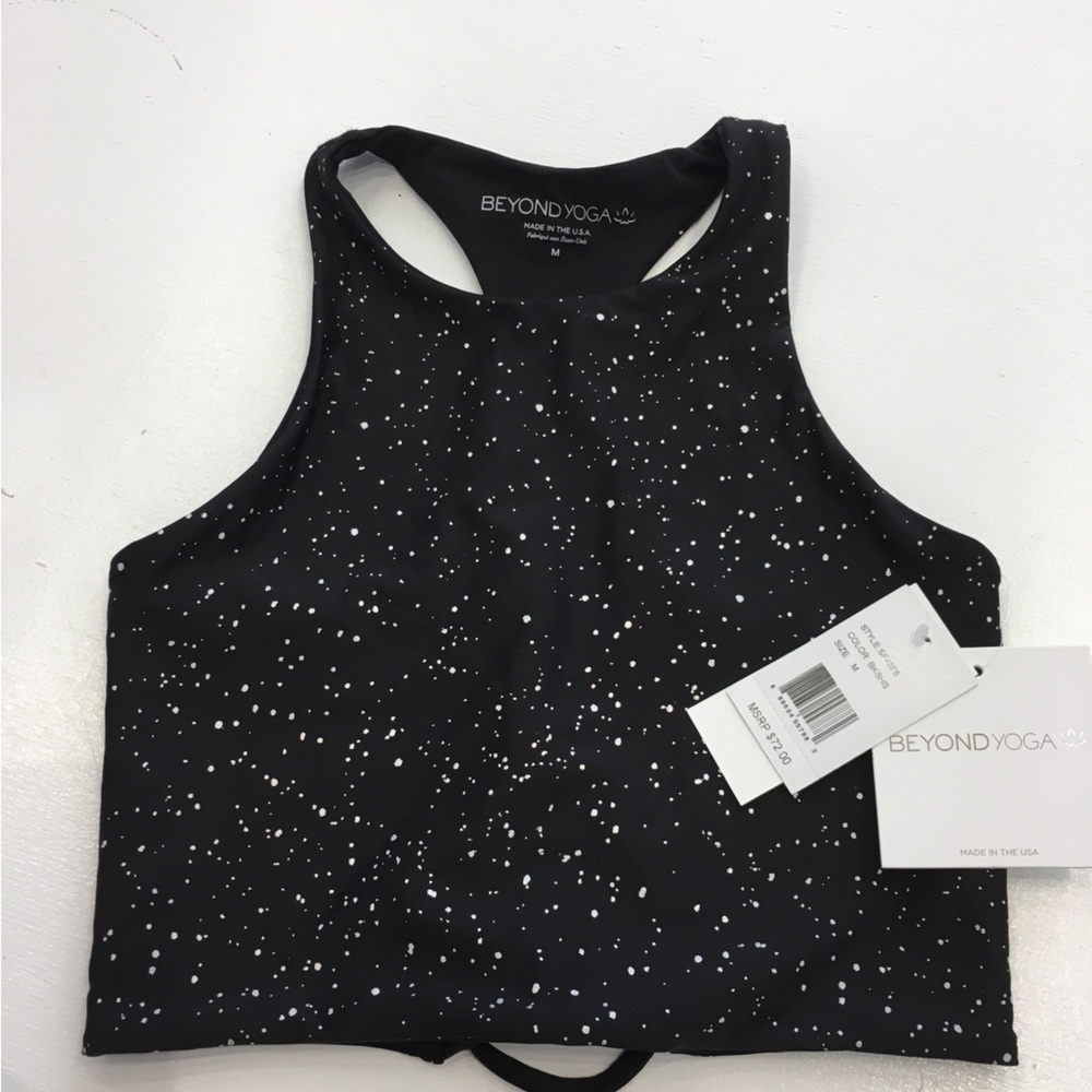 Beyond Yoga Black and Silver Crop Yoga Top with Starry Splatter Design